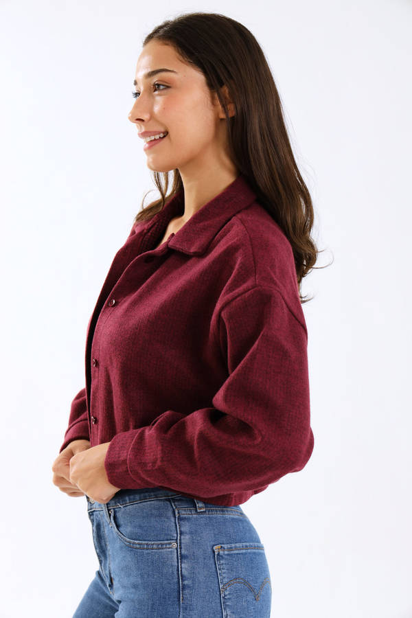 Ladies Cropped Burgundy Button-Up Jacket