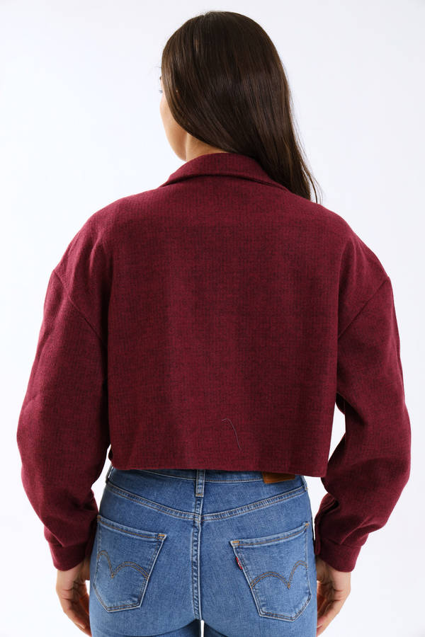 Ladies Cropped Burgundy Button-Up Jacket