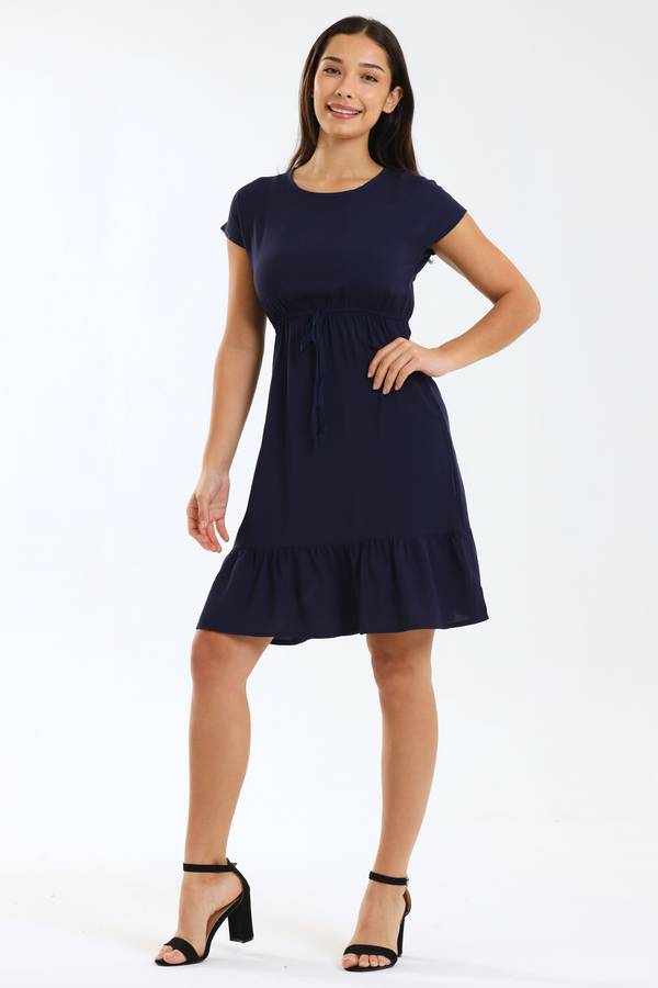 Ladies Jane Short Sleeve Ruffle Hem Midi Dress with Waist Tie