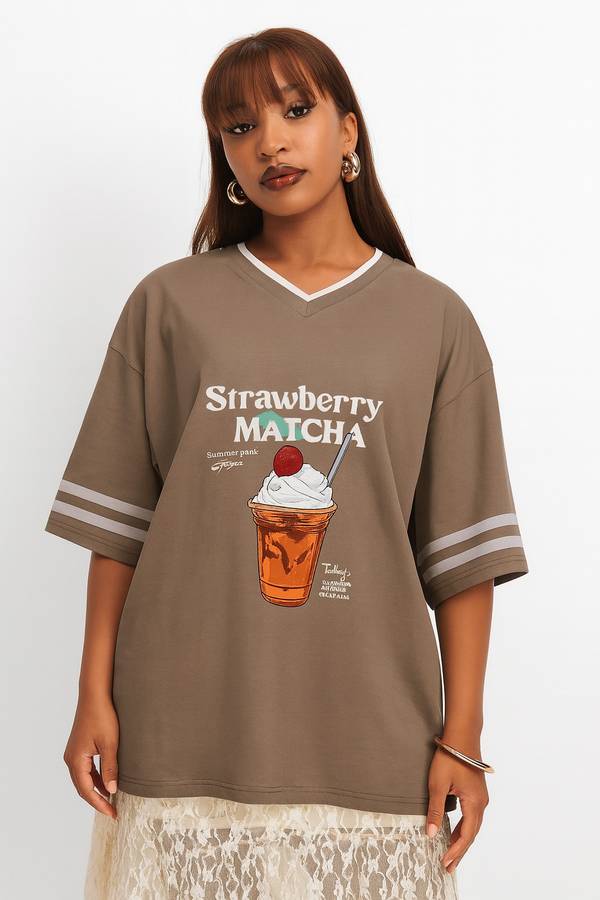 Ladies Slogan Oversized V Neck Printed T-Shirt 3/4 Sleeve