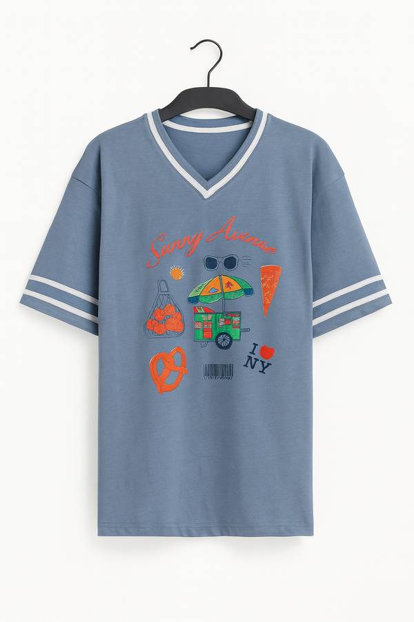 Ladies Slogan Oversized V Neck Printed T-Shirt 3/4 Sleeve