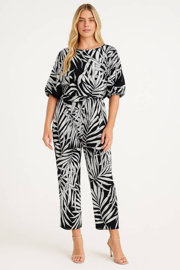 ladies Black & White Printed Pants and Wide Arm Crop Co-Ord Set