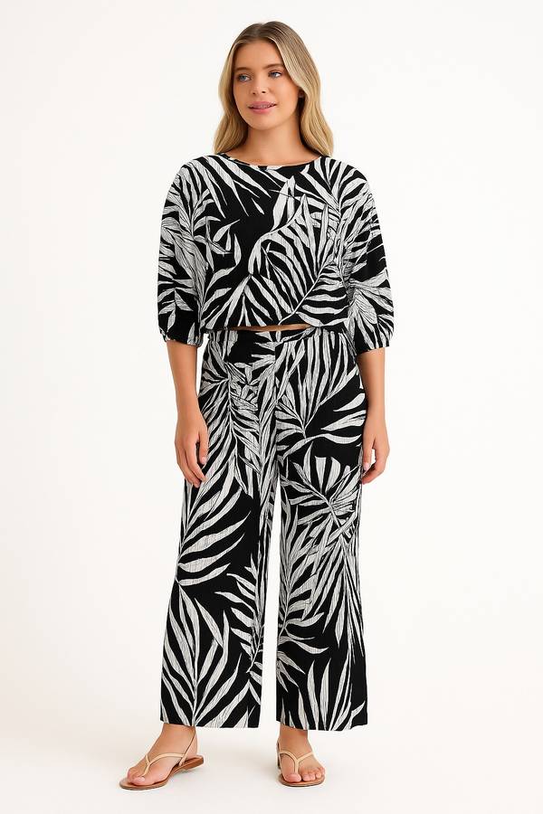 ladies Black & White Printed Pants and Wide Arm Crop Co-Ord Set