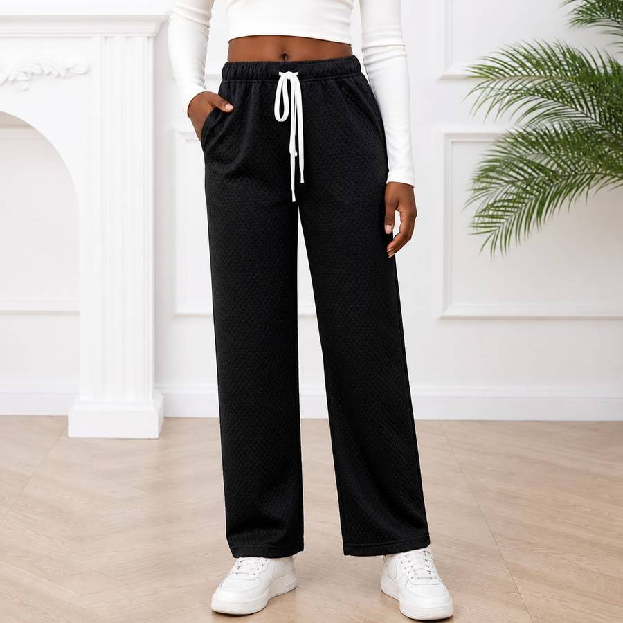 Comfy Textured Wide Leg Drawstring Pants.