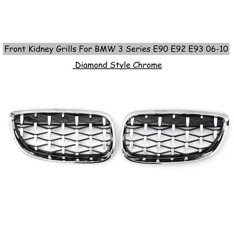 2X Car Front Bumper Hood Kidney Grille Diamond Meteor Racing Grill Chrome for -BMW 3 Series E92 E93