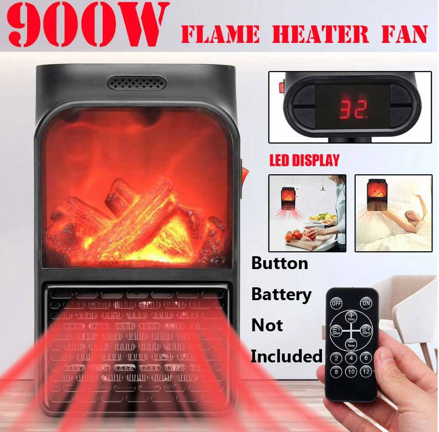 900W Mini Electric Wall outlet Flame Heater Air Warmer with Remote ...