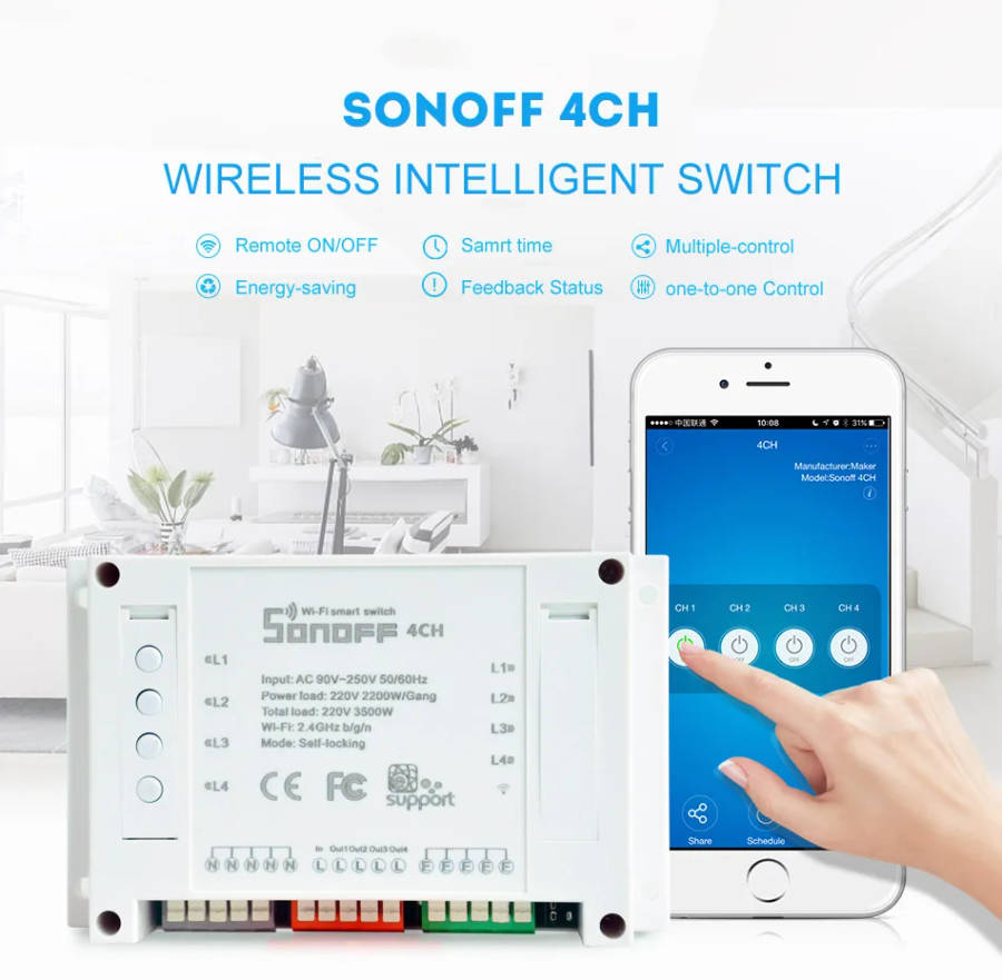 Sonoff 4CH Automation Modules WIFI Switch Smart  Wireless On/Off Remote Control Switches 10A/2200W