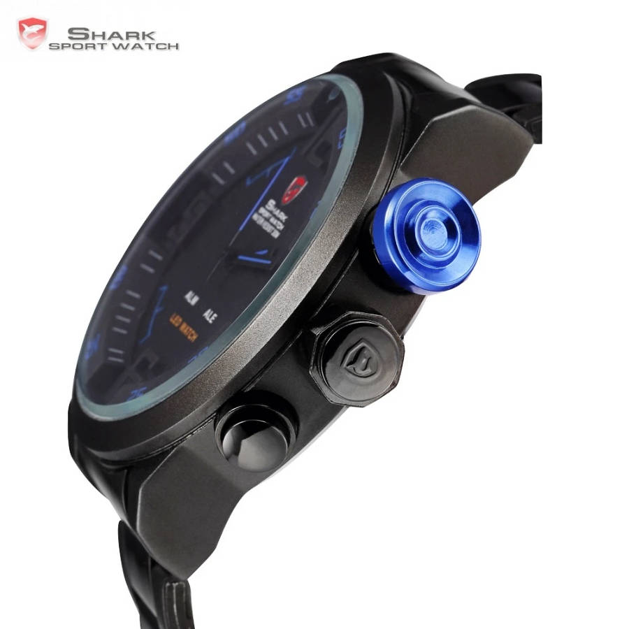 SHARK Digital Dual Movement 50MM HUGE Alarm Stainless Steel Case Leather Strap Sport Watch BRAND NEW