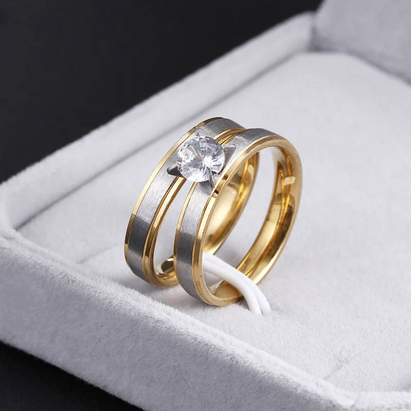 ** GENUINE STAINLESS STEEL ** - Zircon Rings Set with Gold Tone Size 8 - DO NOT FADE