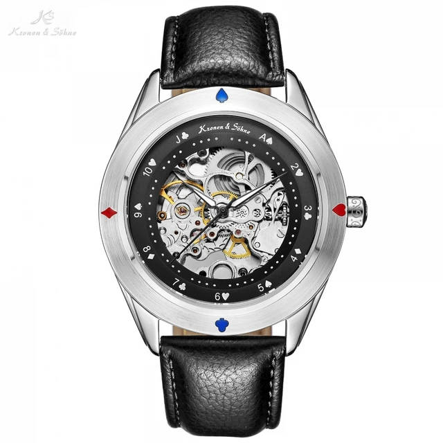 KRONEN & SOHNE Automatic Skeleton Silver Black Leather Watch Brand new w/ box, papers