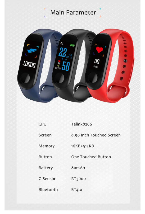 [LOCAL STOCK] M3 Smart Band Wristband Fitness Bracelet Big Touch Screen Color LCD Message