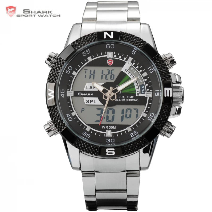 SHARK DUAL LED CHRONOGRAPH STEEL PORBEAGLE WATCH W/ BOX, PAPERS, LOADED!!