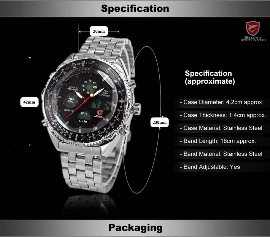 OH BOY!! BRAND NEW SHARK FLIGHT EIGHTGILL MASTER DUAL LED ALARM WATCH W/ BOX, PAPERS, LOADED!!