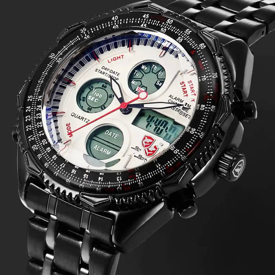 SHARK FLIGHT MASTER DUAL LED ALARM WATCH W/ BOX, PAPERS, LOADED!!