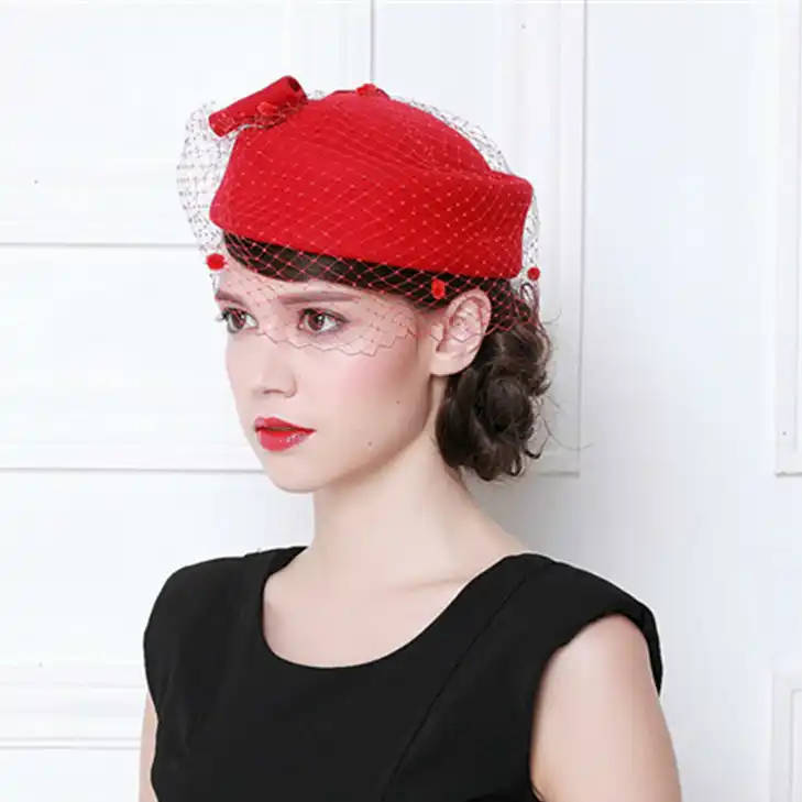 Vintage French Wool Women Beret Winter Felt Hat With Bow Flat Top Hats Lady Stewardess Cap Fedoras