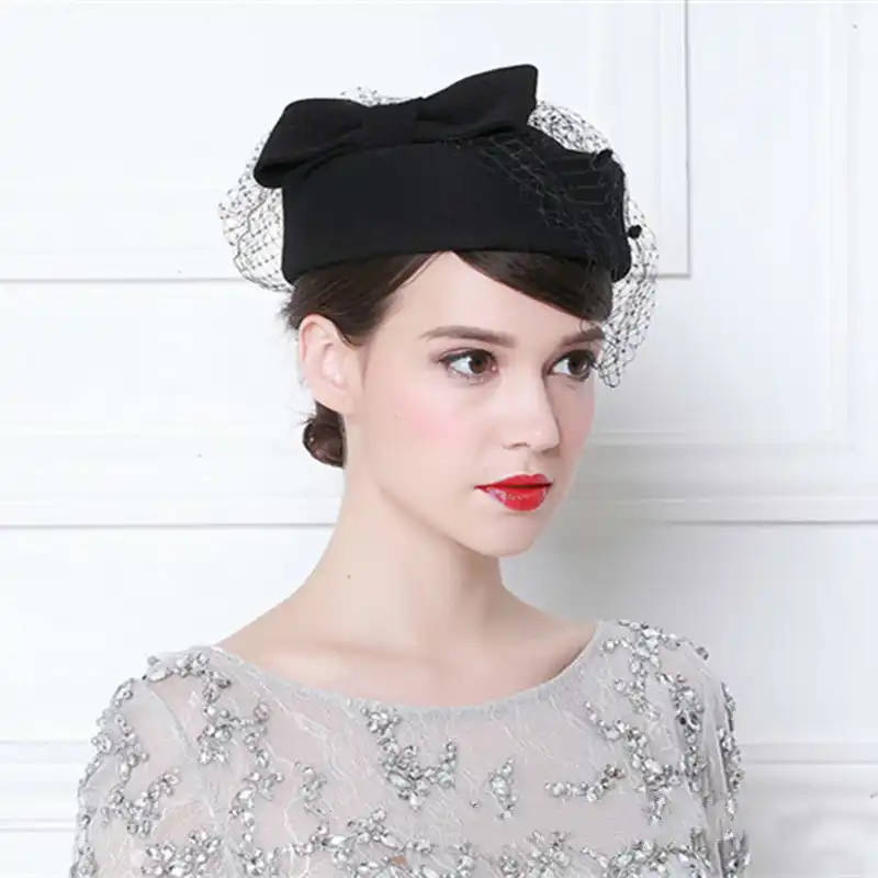 Vintage French Wool Women Beret Winter Felt Hat With Bow Flat Top Hats Lady Stewardess Cap Fedoras