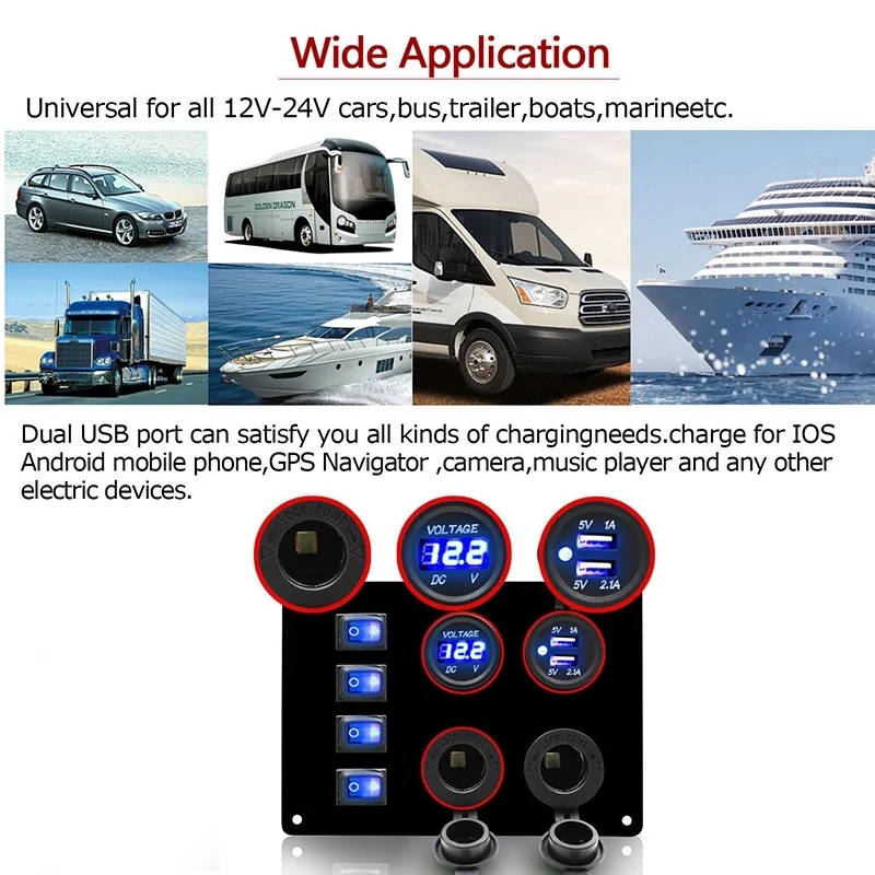 4 Gang Panel LED Rocker Switch Panel Breakers Car 12V/24V Water-Resistant Rocker Switch