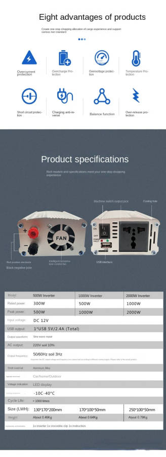 1000 Watts 12v DC to 220v AC Inverter  - 1000W Peak Power 12V Inverter