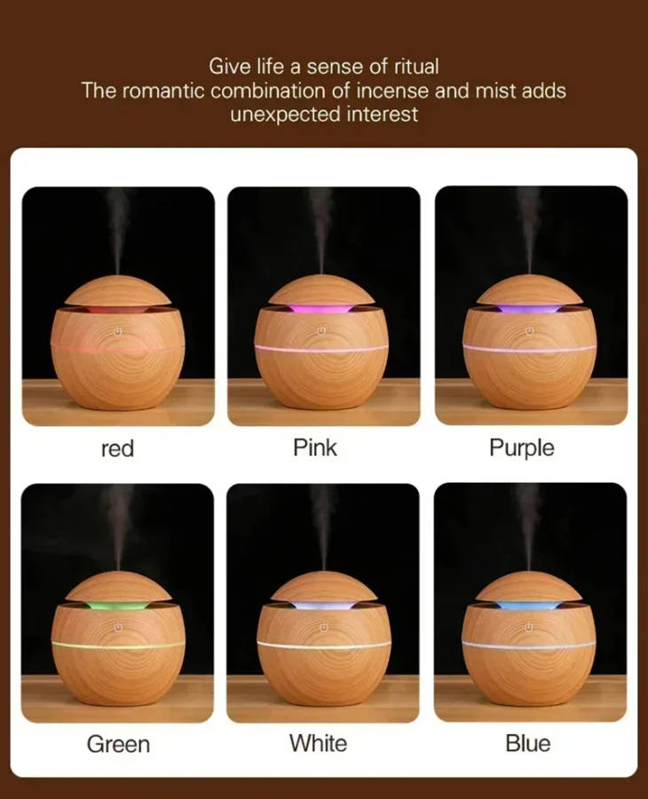 Ultrasonic aroma humidifier with color changing LED