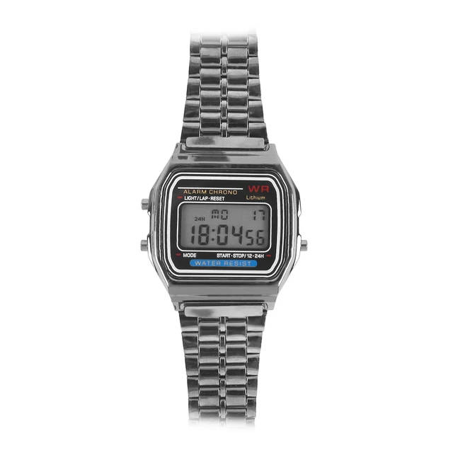 Men's digital watch with stainless steel link bracelet - light black