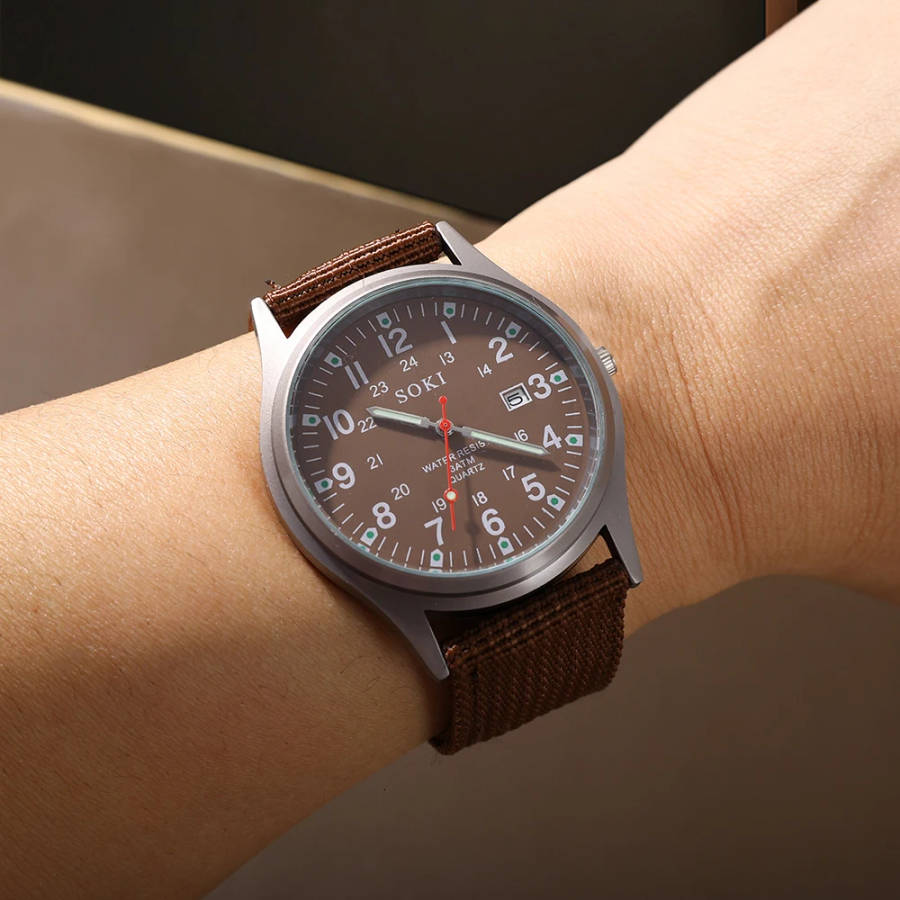 SOKI Luminous Nylon Band Military Watch - Brown Color