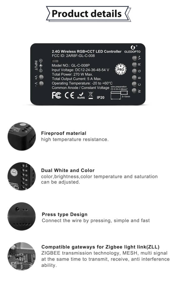 Glade ZIGBEE3.0 RGBCCT Controller Pro R F Remote Control, Intelligent Light Strip Controller