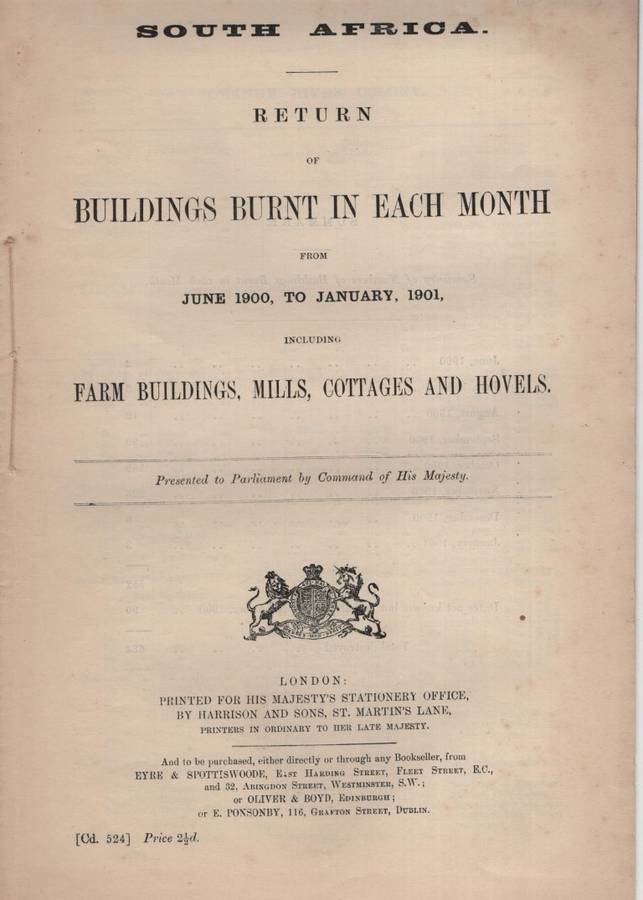 South Africa: Return of Buildings Burnt in Each Month from June 1900 - Anon