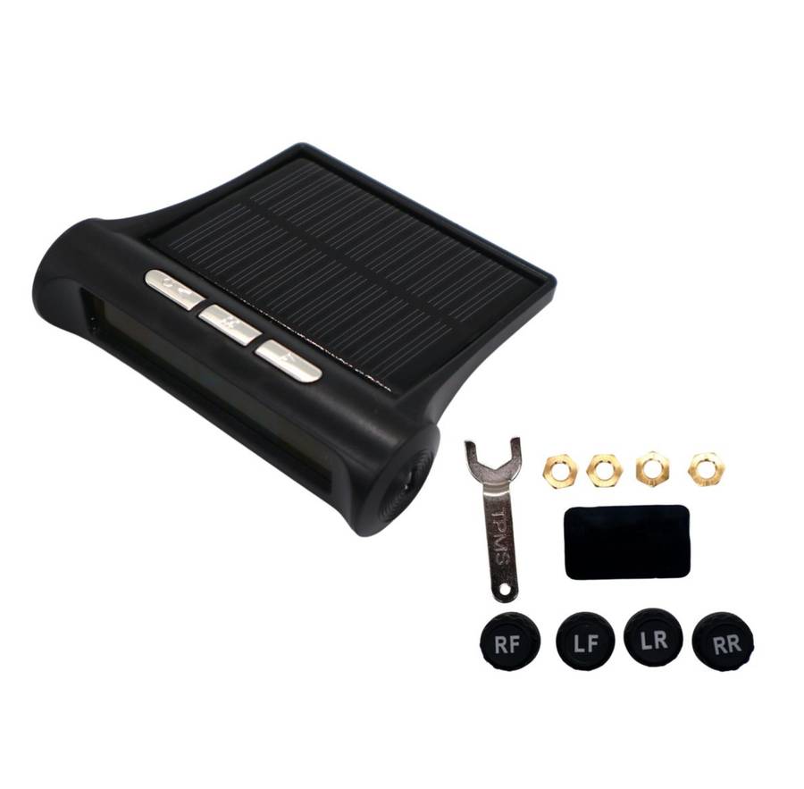 Solar powered tyre pressure and temperature dashboard monitor