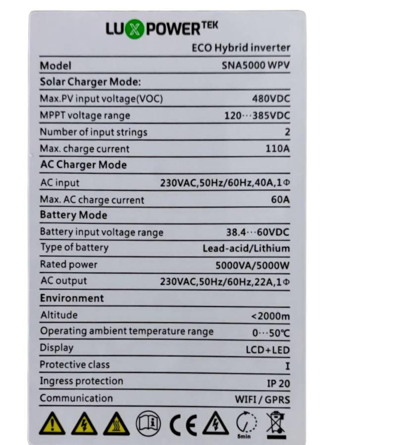 LuxPower Hybrid Inverter 5000W 48V - SNA5000WPV