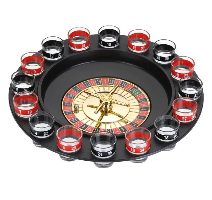 Roulette drinking table with 16 shot glasses