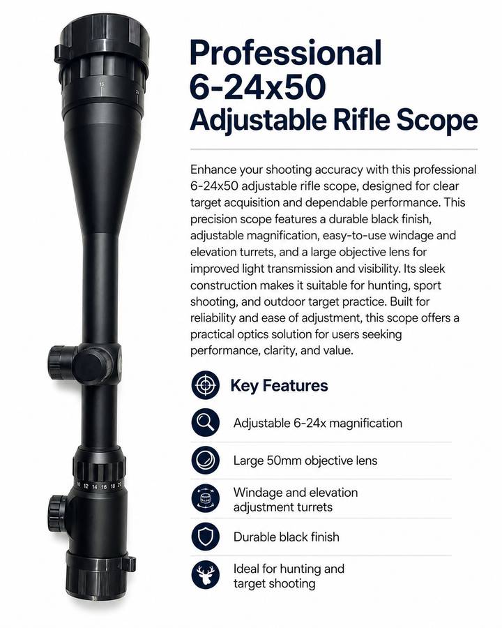 6-24x50 Adjustable Rifle Scope  Precision Optic for Hunting, Sport Shooting and Target Practice