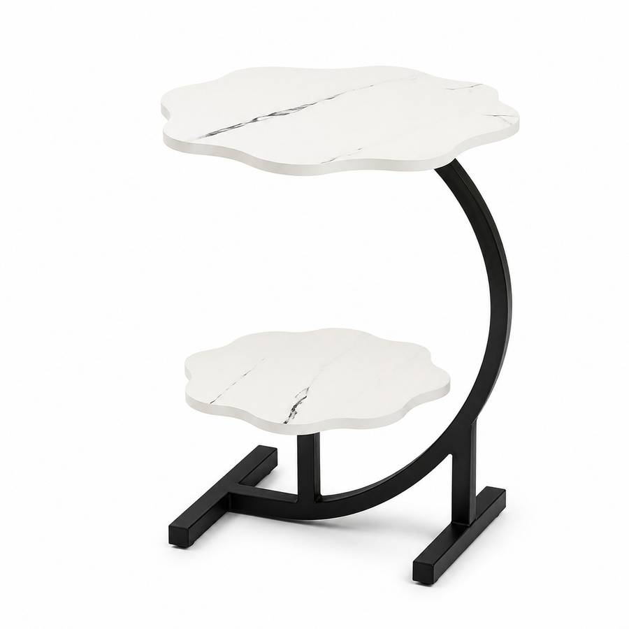 Modern 2-Tier Flower-Shaped Side Table with Black Metal Frame (White)