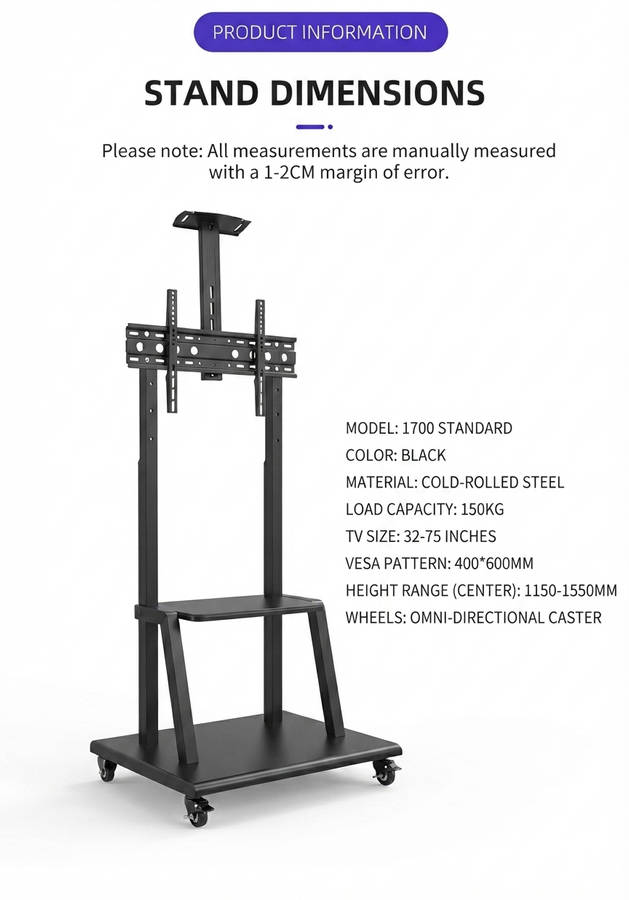 Heavy-Duty Mobile TV Floor Stand Trolley for 3275 Inch LED, LCD, OLED & Smart TVs  Height A...