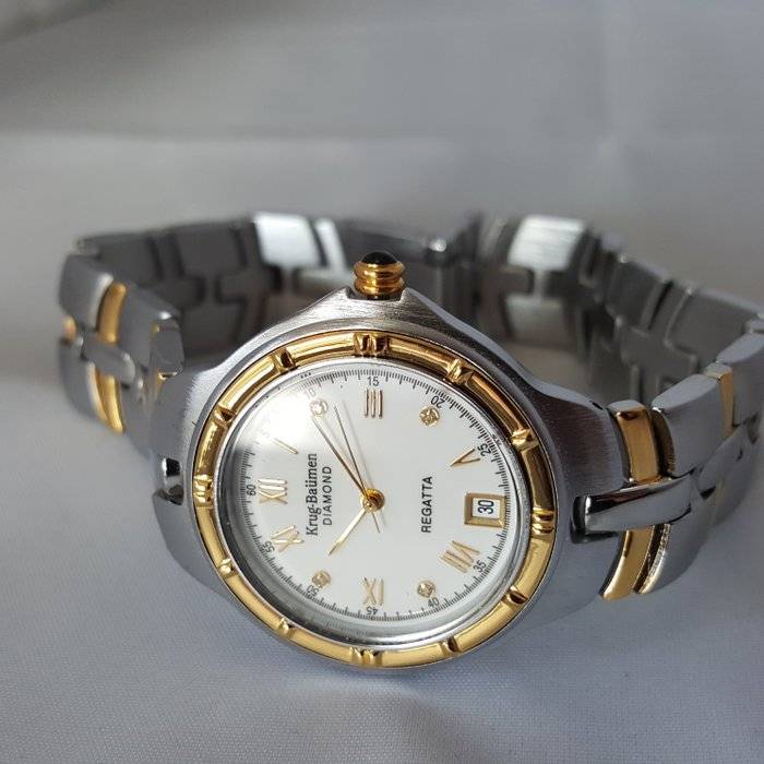 MUST SEE!! Krug Baumen Men`s Regatta 4X Genuine Diamond White Dial Two Tone Watch BRAND NEW