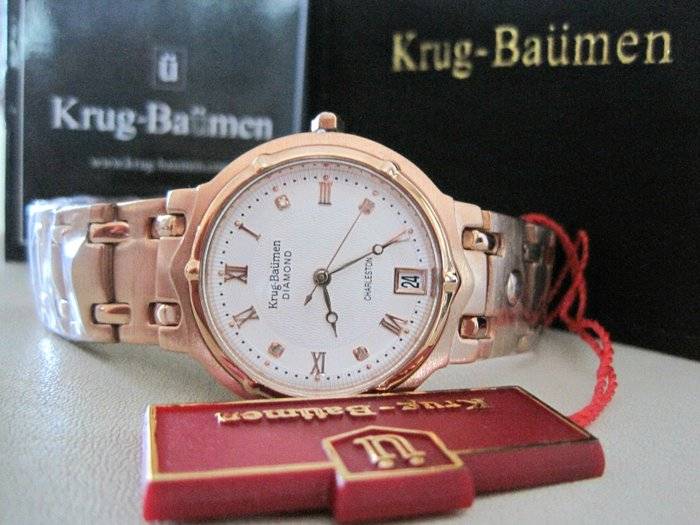 Retail: R10,600.00 Krug Baumen MEN'S Charleston CERTIFIED 4 Diamond White Dial Rose Gold Watch