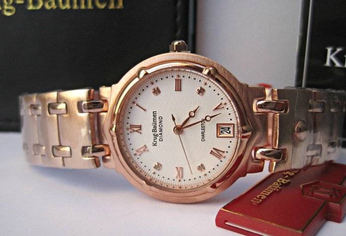 Retail: R10,600.00 Krug Baumen MEN'S Charleston CERTIFIED 4 Diamond White Dial Rose Gold Watch