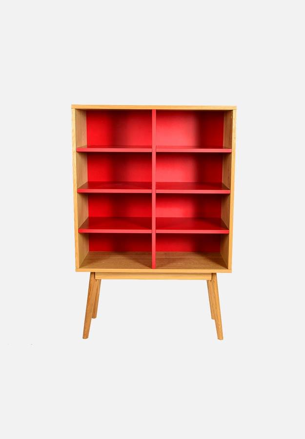 Radius Bookshelf. Solid American Oak with Oak Veneer Shelves. (Red)