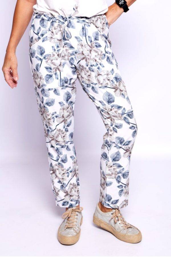 Grey Flowers Draw-string Pocket Pants
