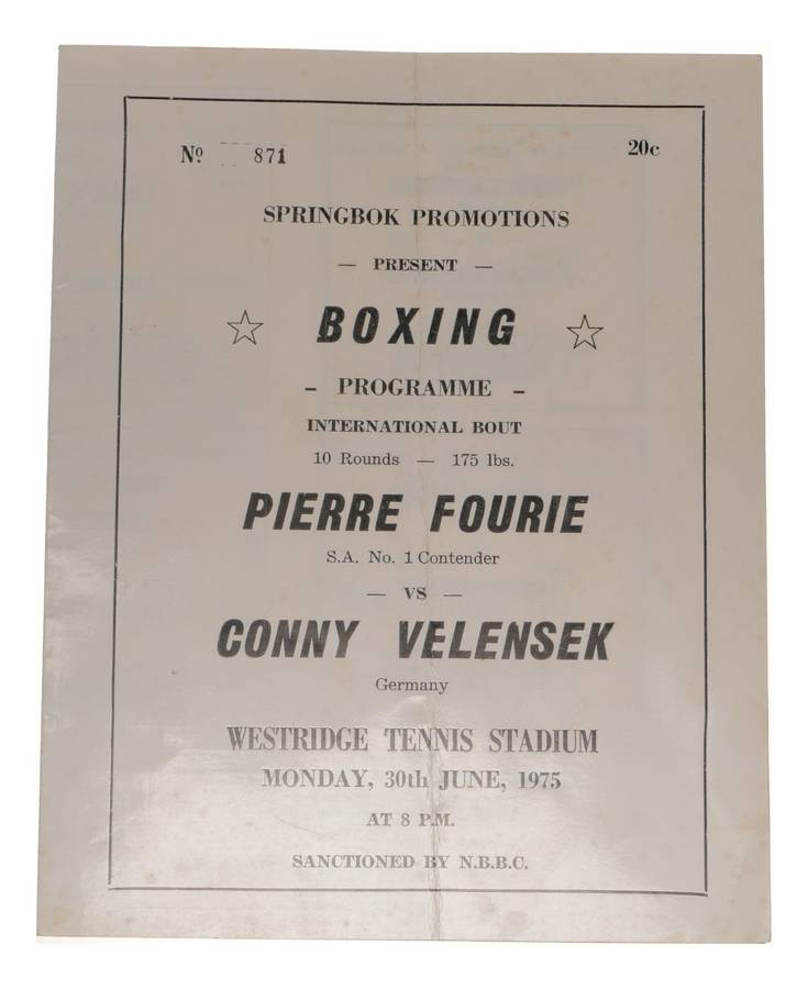 Pierre Fourie vs Conny Velensek Boxing Program 1975 Westridge Stadium