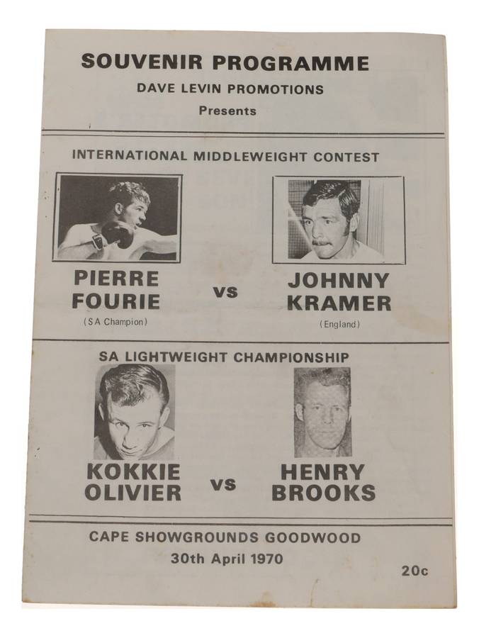Pierre Fourie vs Johnny Kramer Boxing Program 1970 Goodwood Vintage