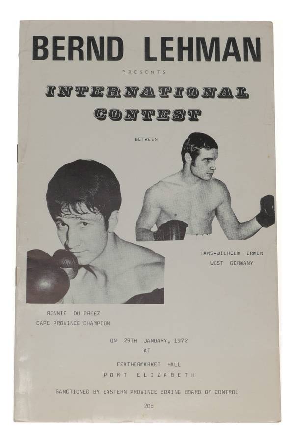 Ronnie du Preez vs Hans-Wilhelm Ermen Boxing Program 1972 Port Elizabeth