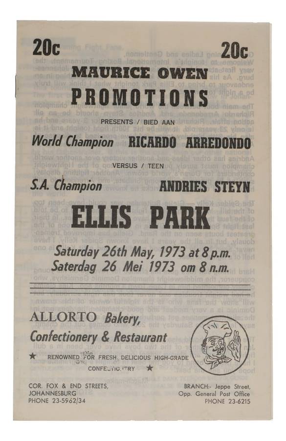 Ricardo Arredondo vs Andries Steyn 1973 Ellis Park Vintage Boxing Program