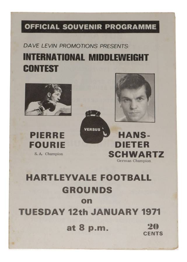 Pierre Fourie vs Hans-Dieter Schwartz Boxing Program 1971 Hartleyvale