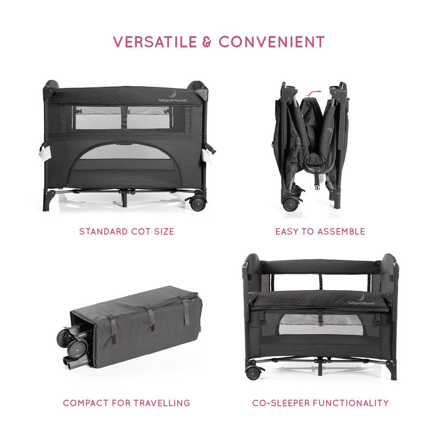 2-in-1 Dark Grey Camp Cot &amp; Co Sleeper with New Born Bassinet Inner