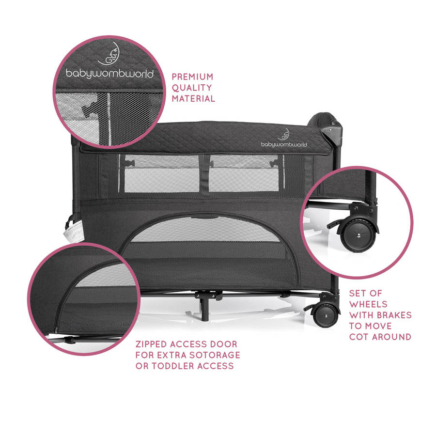 2-in-1 Dark Grey Camp Cot &amp; Co Sleeper with New Born Bassinet Inner