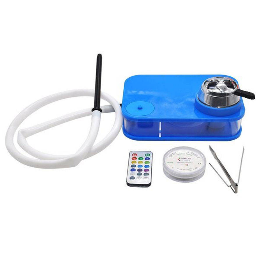 Hookah Shisha Hot Box - LED Lights - Tong - Pipes &amp; Remote - Blue