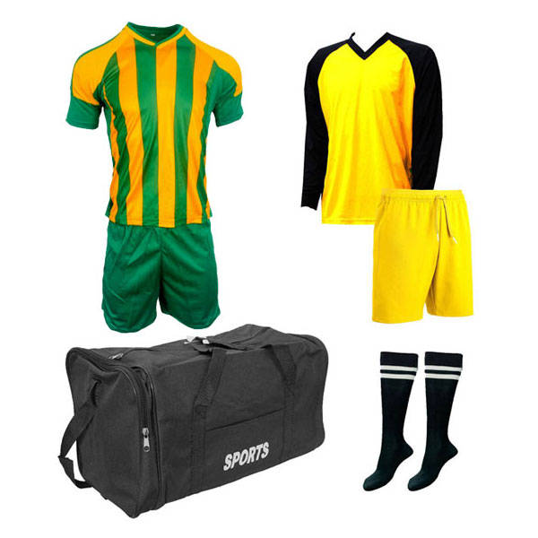 Soccer Kit with Goalkeeper Set &amp; Kit Bag - For Junior Football Team of 15 -Yellow/Green