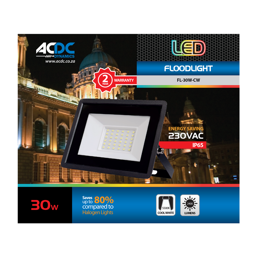 220-240VAC 30W LED Cool White Mini Flood IP65 252x185x6