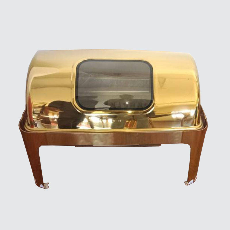 Stainless Steel Rectangular Roll Top Chafing Dish in Gold  With Window 9L