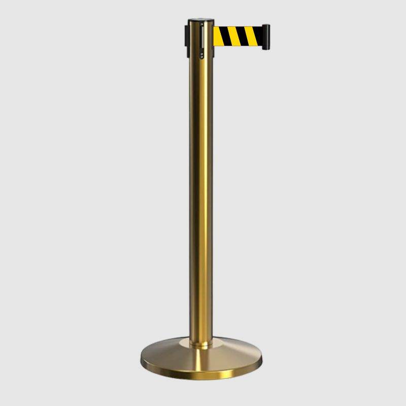 Queue Barrier-Gold Pole With 2M Retractable Chevron Yellow & Black Belt Domed Base Design
